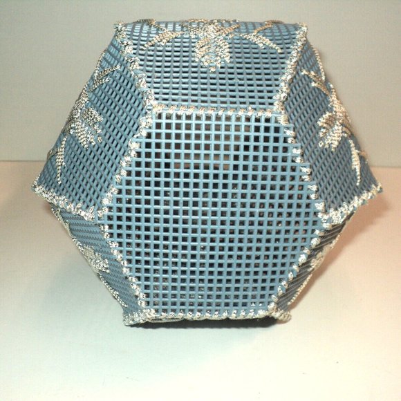 Plastic Canvas Vase Blue-Gray w/ Silver Metallic Needlepoint 11 1/2" x 7 Vintage - Picture 5 of 5